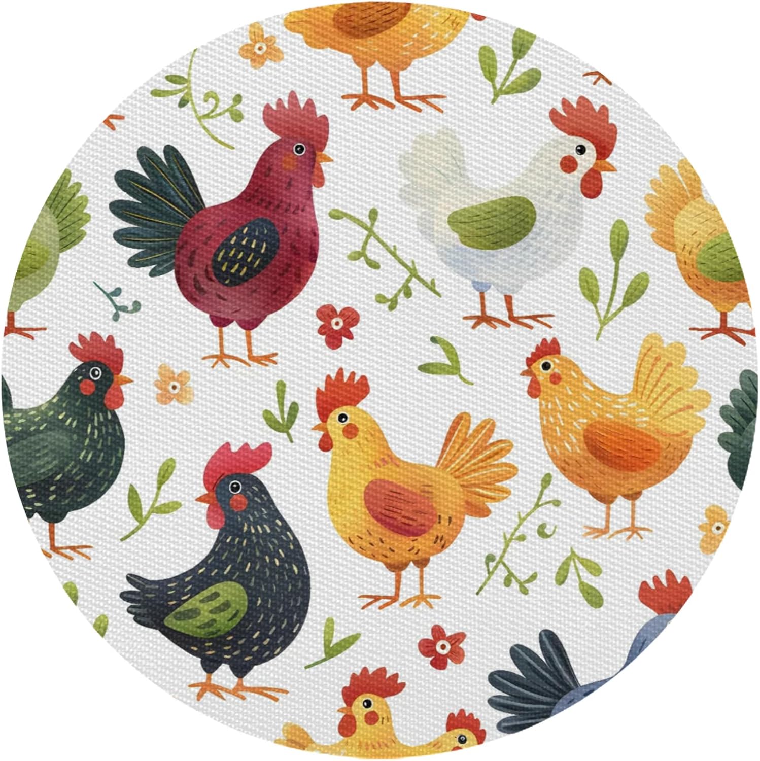 Hexteria Chicken Pattern Round Vinyl Placemats Set of 6 Cute Rooster Cartoon Animals Non Slip PVC Place Mat, Easy to Clean Washable Kitchen Party Dining Table Mats
