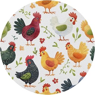 Hexteria Chicken Pattern Round Vinyl Placemats Cute Rooster Cartoon Animals Non Slip PVC Place Mat, Easy to Clean Washable Kitchen Party Dining Table Mats