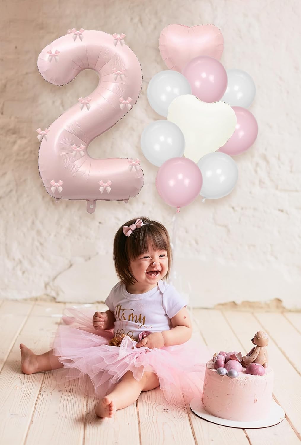 Pink Bow 2st Birthday Balloon Set - 40 Inch Number 2 Foil Balloon, Pink & White Baby Shower Photo Booth Cake Smash Party Decorations - Image 4