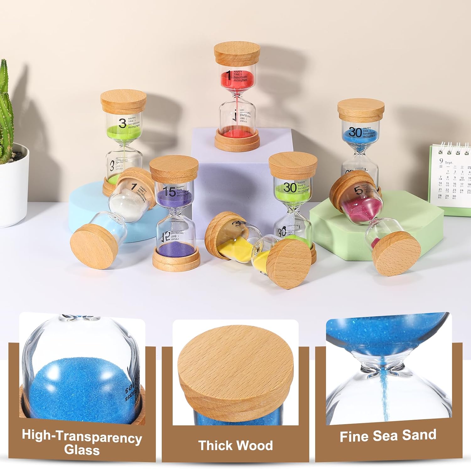 PATIKIL 3 Minute Sand Timer, Wooden Sand Watch High Glass Sandglass Timer for Living Room Kitchen Home Office Restaurant Decoration, Blue