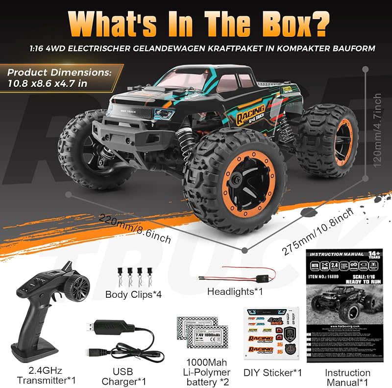 HAIBOXING 4WD RC Monster Truck 1:16 36 km/h Vízálló Versenyautó Gyerekeknek