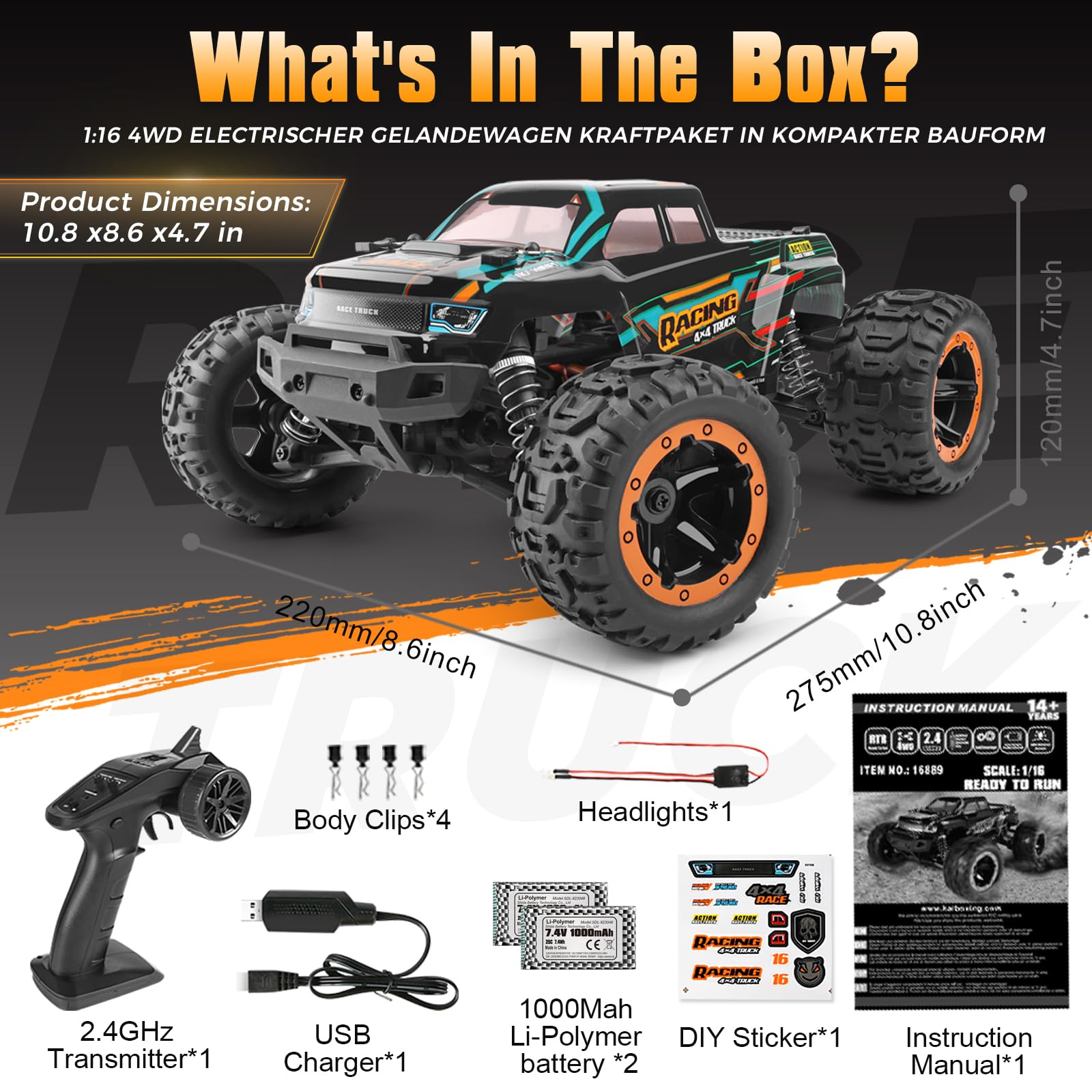 HAIBOXING Coche teledirigido 4WD RC Auto 1:16 36km/h Camión monstruo RC de alta velocidad 2,4 GHz Vehículo todoterreno impermeable, juguete de crawler Regalo para niños y adultos