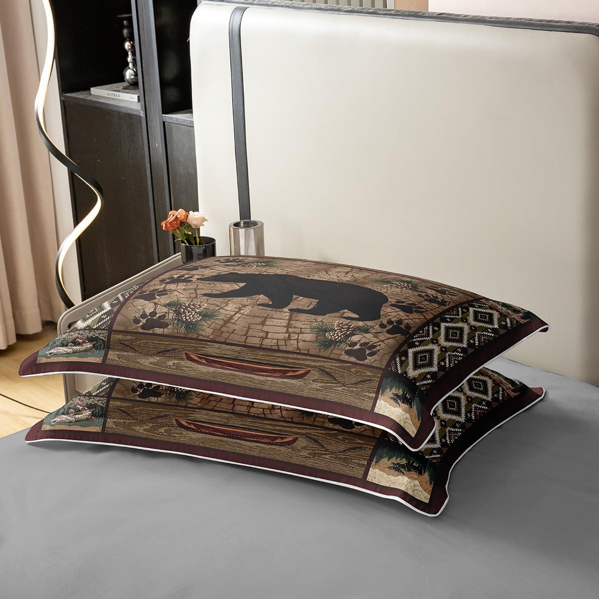 100% Natural Cotton Lodge Cabin Duvet Cover King,Wild Bear Animal Silhouette Bedding Set (Not Comforter) for Country Room Decor,Bohemian Pattern Wooden Print Bedspread Cover with Zipper Closure