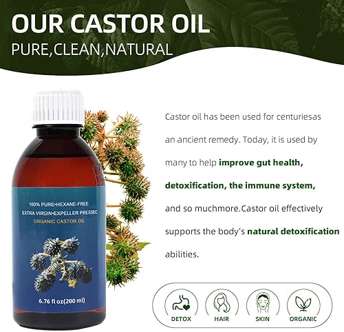 Miniatura 9 de Castor Oil Organic Cold Pressed Unrefined (6.76 Fl.oz200ml) Castor Oil Pack Wrap Oragnic Castor Oil Packs for Liver Detox Castor Oil Pack kit for
