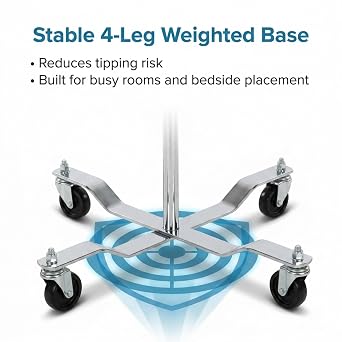 IV Pole Stand with Wheels, 4 Leg Rolling IV Stand, Adjustable Height 4585.5, Chrome Steel IV Drip Pole with Convertible 2 to 4 Hook System, Weighted Base for Homecare, Clinic & Hospital Use
