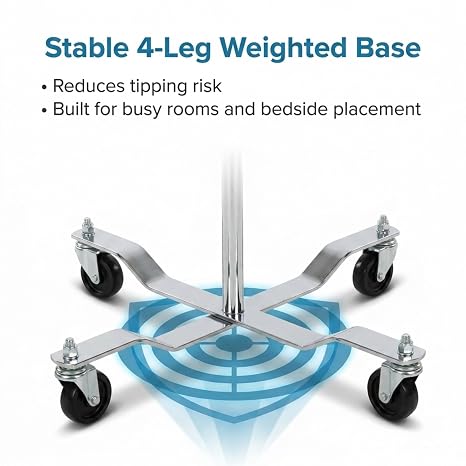 IV Pole Stand with Wheels, 4 Leg Rolling IV Stand, Adjustable Height 4585.5, Chrome Steel IV Drip Pole with Convertible 2 to 4 Hook System, Weighted Base for Homecare, Clinic & Hospital Use