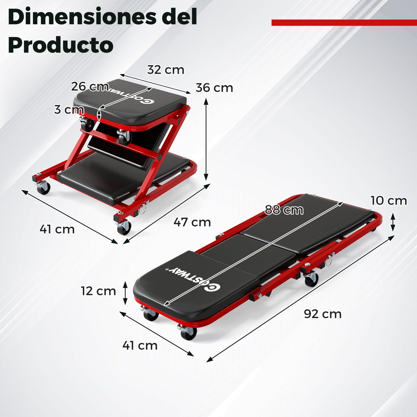 COSTWAY Camilla Mecánico 2 en 1, Taburete Taller Plegable con Asiento Acolchado y 6 Ruedas Universales, Taburete Convertible para Taller, Reparación de Autos, Carga hasta 150 kg (Negro)