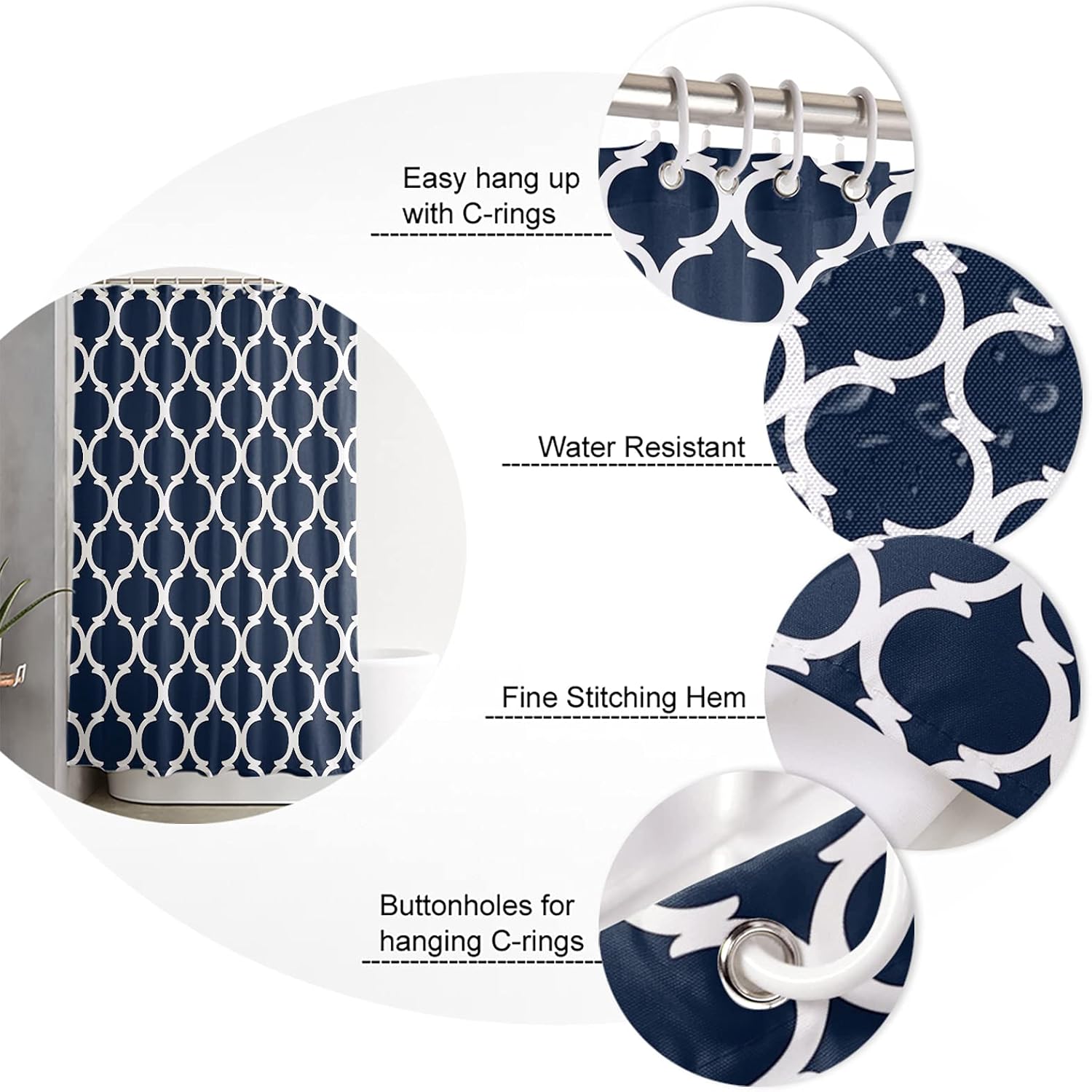 Teamery Shower Curtain, Moroccan Navy Blue Shower Curtain, Bathroom Decor Shower Curtain Liner, Shower Curtains for Bathroom, 48x72in Shower Curtain for Shower Stall & Clawfoot Tub