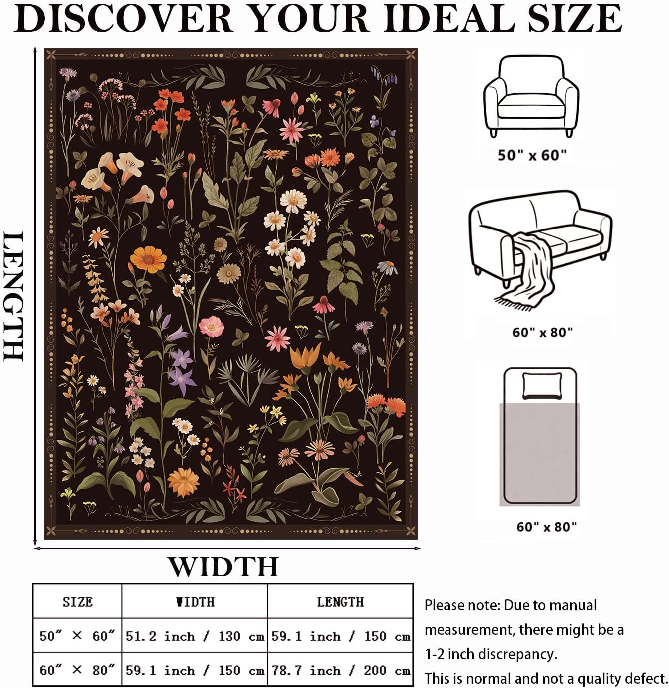 Spring Flowers Throw Blanket Black Vintage Floral Blankets Soft Cozy Flannel Fleece Plants Butterfly Print Bed Blankets for Bedding Sofa and Travel Camping 50" × 60"