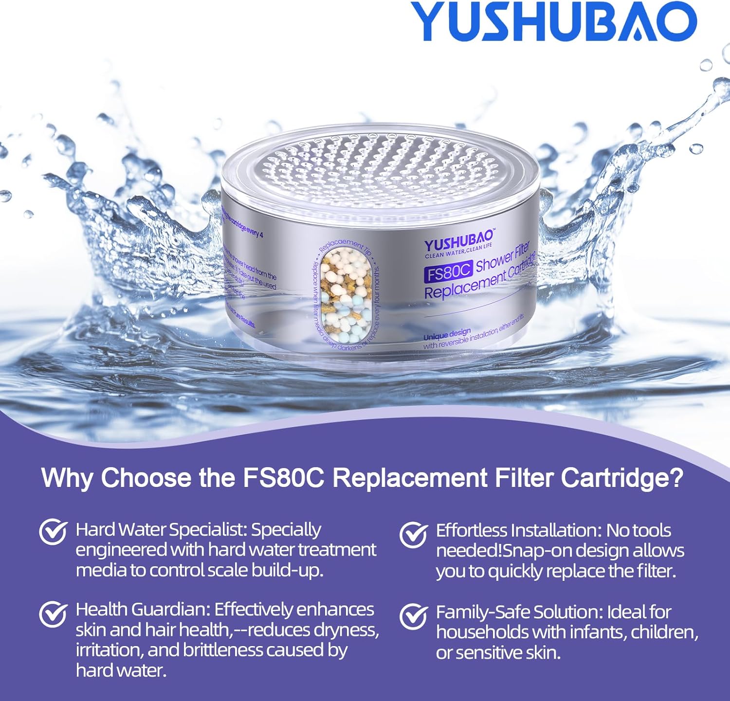 Shower Filter Replacement Cartridges, Water Softener for Hard Water, FS80C Model, 2 Pack