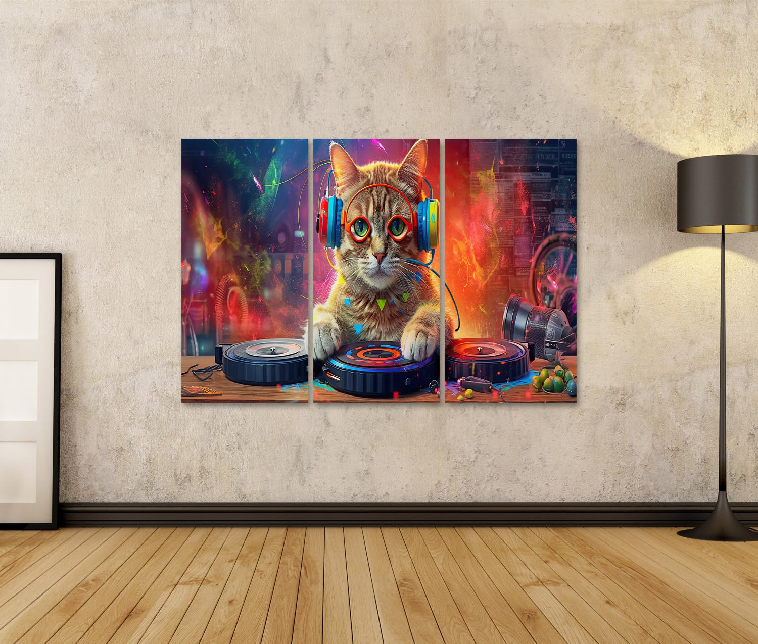 islandburner Quadro su tela per feste di gatti musica DJ cuffie elettroniche gatto colorato opere d'arte immagini murali poster