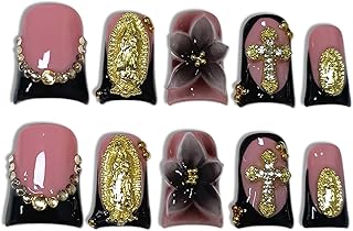 Duckbill Press on Nails - Black Pink French with 3D Cross & Saint Charm | Ornate Handmade False Nails | Gothic Y2K Style(S)