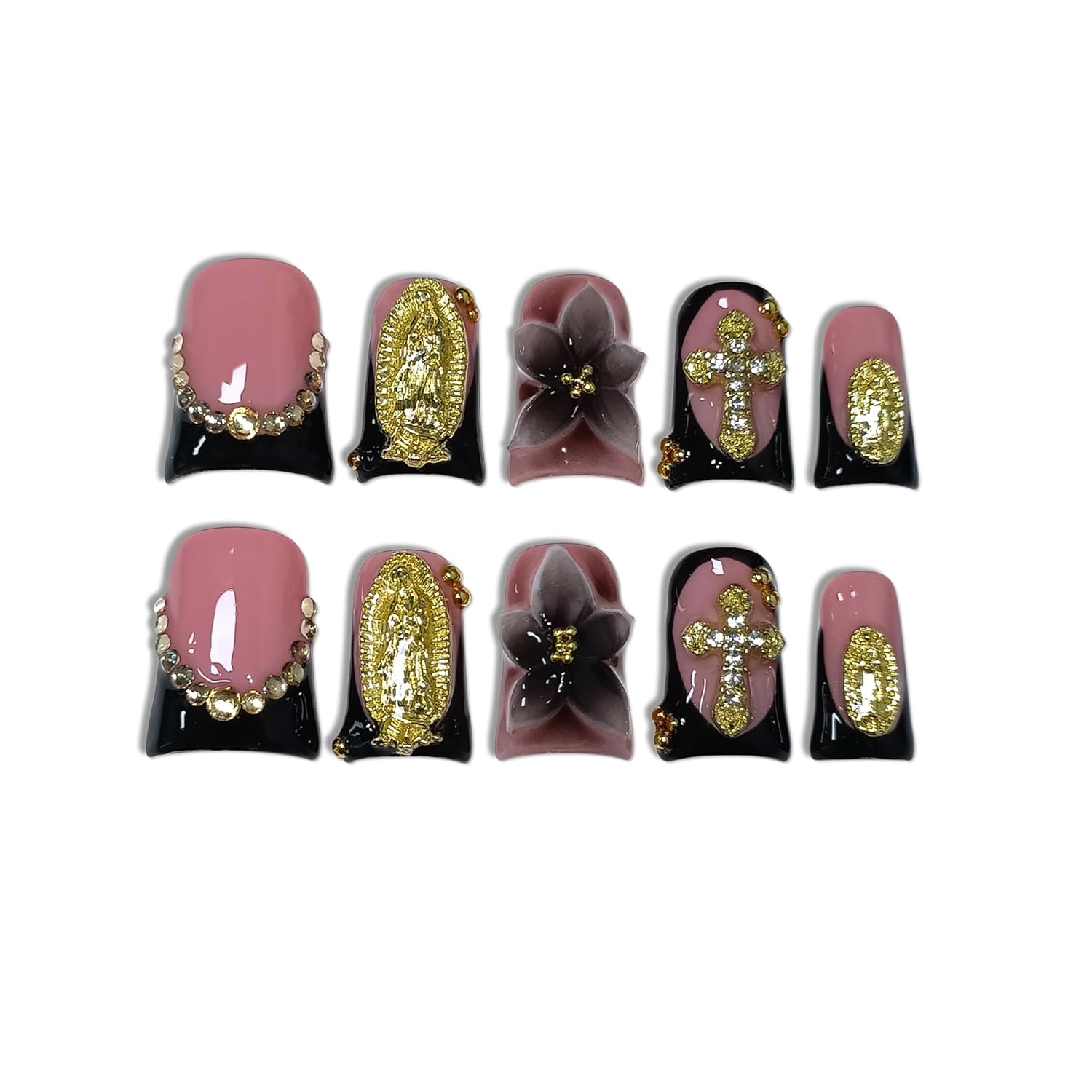 Duckbill Press on Nails - Black Pink French with 3D Cross & Saint Charm | Ornate Handmade False Nails | Gothic Y2K Style(L)