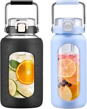 BLUEGO 84oz and 64oz Glass Water Bottles Bundle84 Black + 64 Light Blue with Straw and Stainless Steel Handle, Large Water Bottle with Sleeve, Half Gallon Water Jug, Glass Water Container, BPA Free