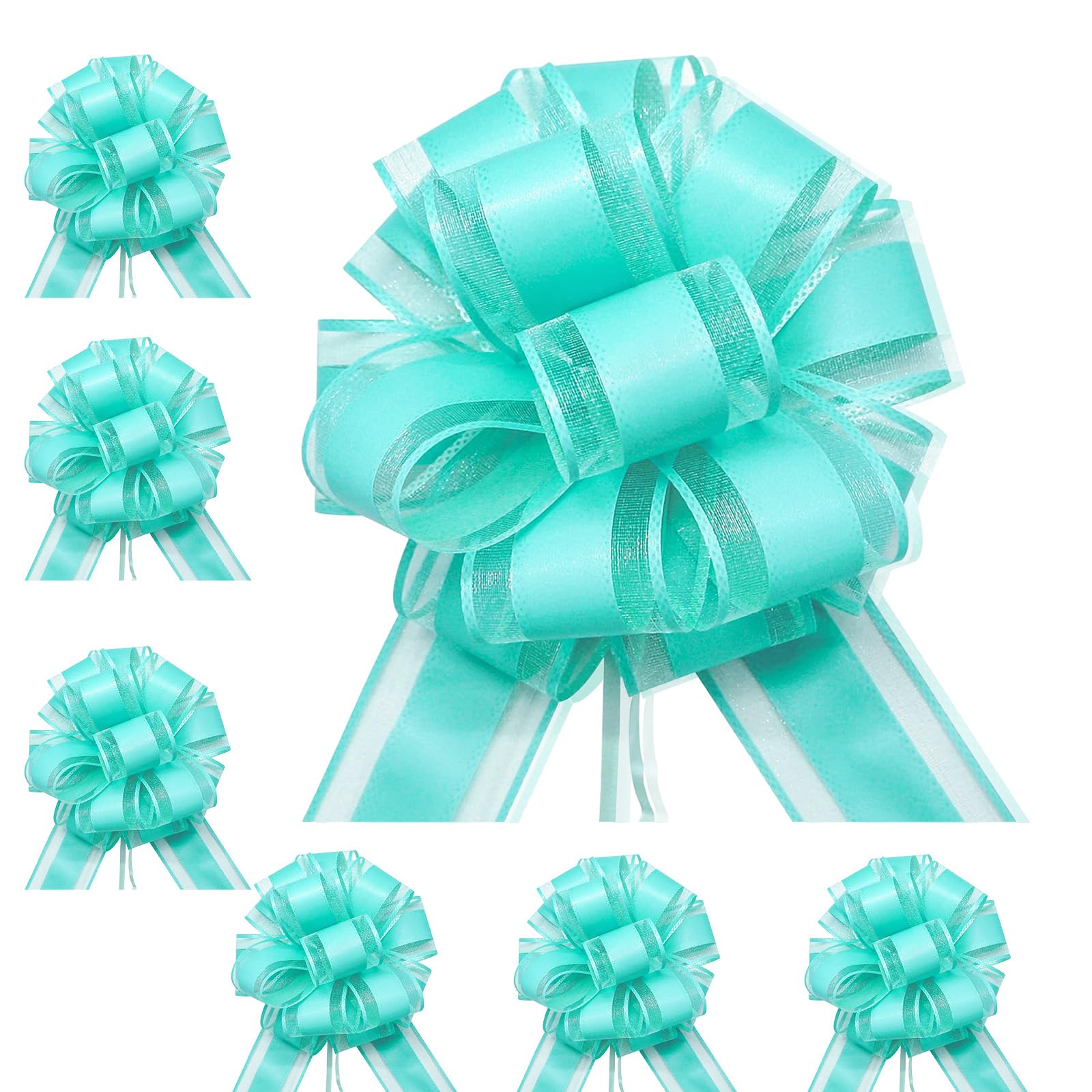 6P 7in/5cm Large Pull Bows Gift Wrap Bows for Gift Wrapping,Teal Blue Pull Bow Ribbon for Present Wedding Car Gifts Basket,Christmas Pretied Gifts Wrapping Blue Bow for Flower Wedding Birthday Decor — image 1