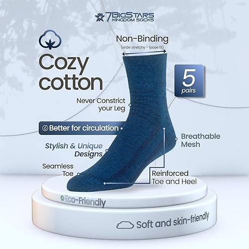 Miniatura 2 de 7BIGSTARS KINGDOM Calcetines de algodón para diabéticos, no vinculantes, paquete de 5 unidades, talla LXL, rayas lunares, negro, marrón, azul, beige