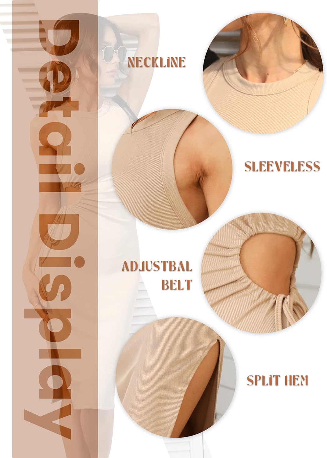 Valiamcep Women's 2023 Summer Sleeveless Midi Dress Crew Neck Waist Cut Out Split Slit Tank Dress Ribbed Bodycon Dress - Image 7