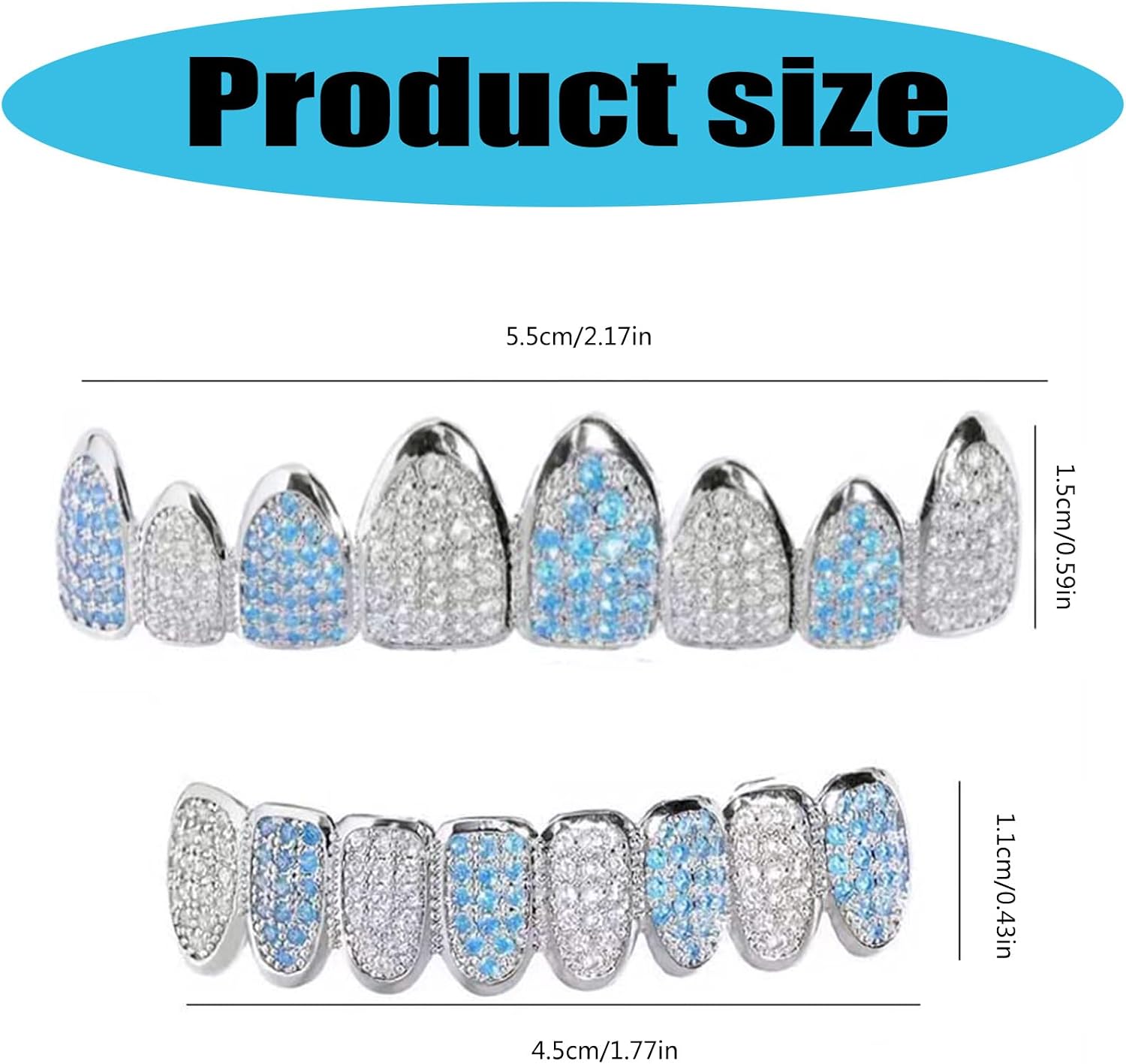 2 Customizable Blue White Zircon Grillzs 8-Tooth Metal Mouth Decoration for Event & Gifts Customizable Blue White Zircon Grillzs
