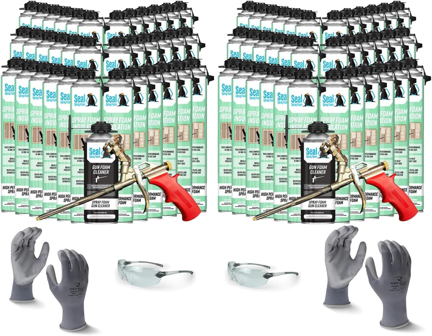 Seal Spray Foam 80% Plus Closed Cell Formula CCI Foam Can Kit w/ 1800 Board FT-72 Cans, 2 Angled Gun Foam Applicators, 2 Cans of Cleaner, 1 Pair L Gloves, 1 Pair XL Gloves, 2 Pair Safety Glasses