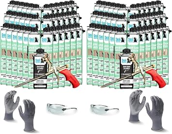 Seal Spray Foam 80% Plus Closed Cell Formula CCI Foam Can Kit w/ 1800 Board FT-72 Cans, 2 Angled Gun Foam Applicators, 2 Cans of Cleaner, 1 Pair L Gloves, 1 Pair XL Gloves, 2 Pair Safety Glasses