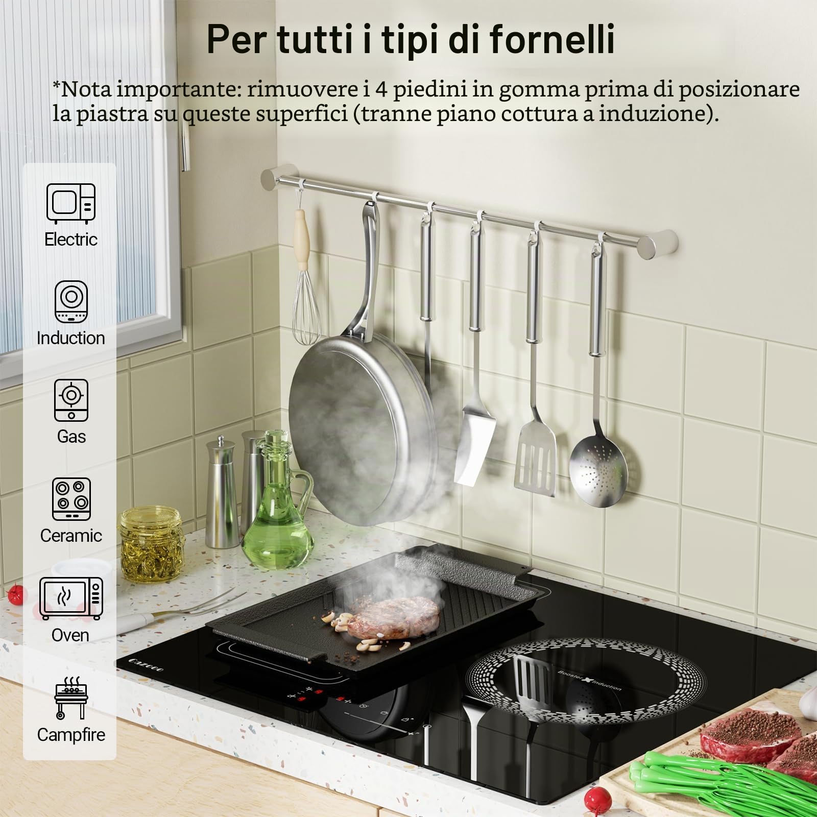 Piastra di cottura 38x21 cm con maniglie laterali e foro per appendere, plancha liscia con rivestimento in ghisa antiaderente per tutti i tipi di piani cottura, compresi induzione e forno
