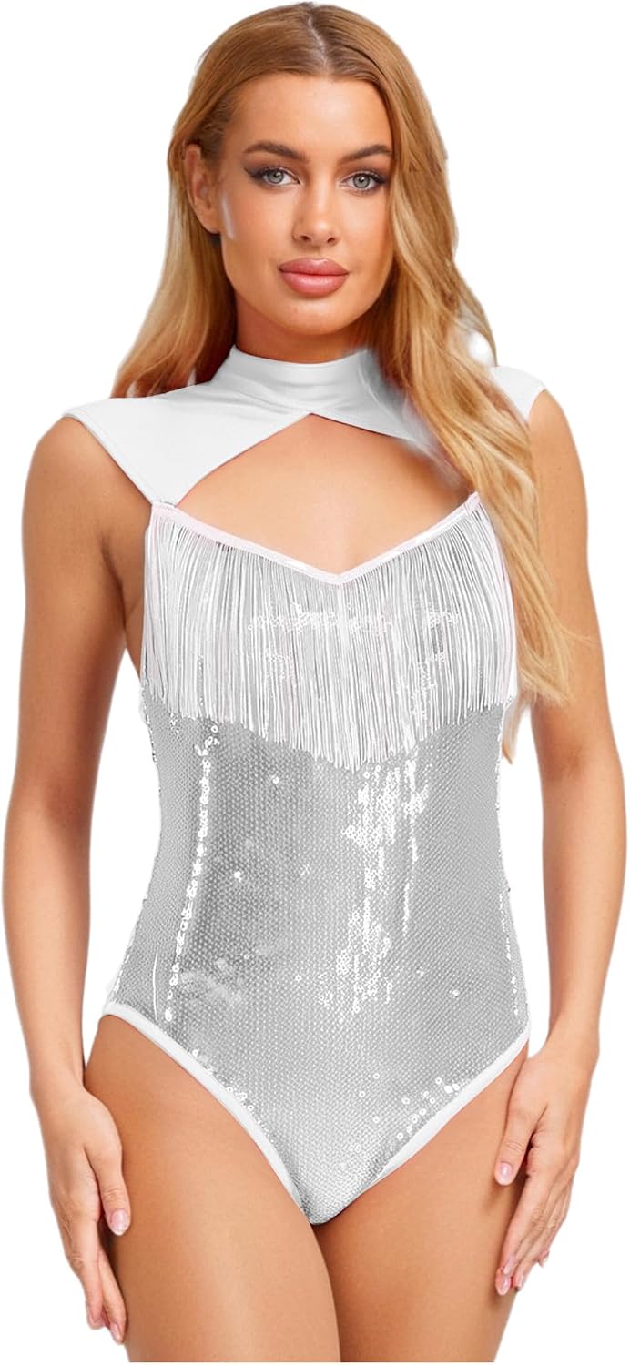 YiZYiF Women's Sleeveless Sequin Bodysuit Sparkly One - Piece for Party and Stage Performance