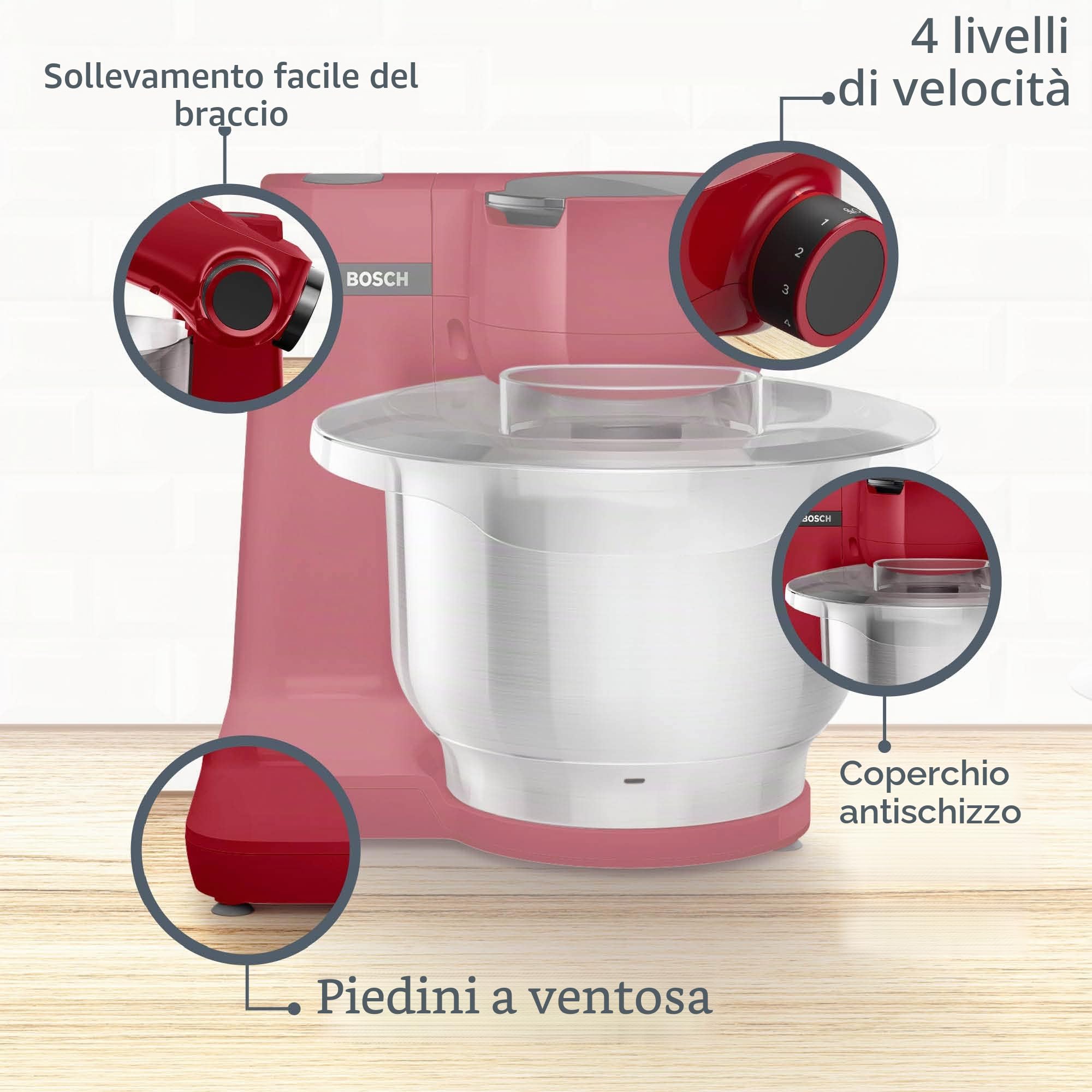 Bosch Elettrodomestici MUMS2ER01 - Robot da cucina MUM serie 2, 700 W, ciotola in acciaio inox da 3,8 l, intaglio e 3 dischi, set di patisserie, acciaio inox, rosso