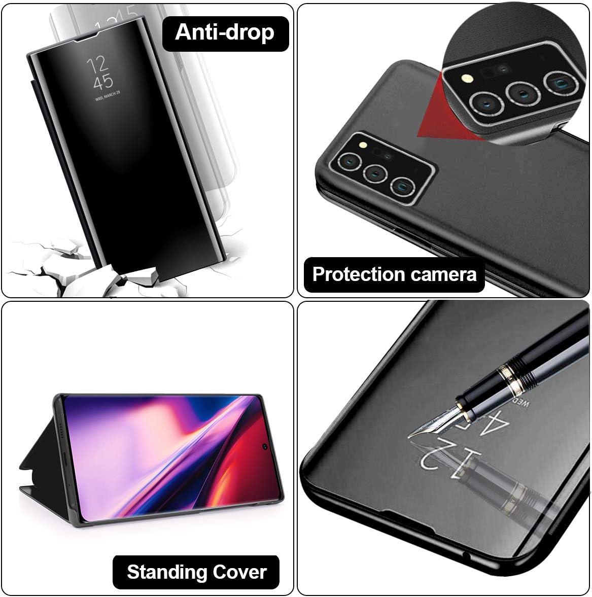 AICase Flip Cover for Galaxy Note 20, Luxury Flip Case Translucent View Window Smart Sleep/Wake Up Function, Mirror Screen Electroplate Kickstand Full Body Protective Case for Samsung Galaxy Note20 5G