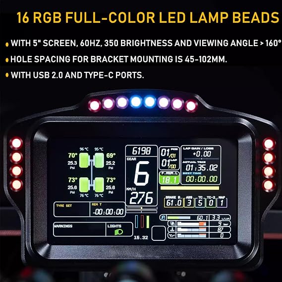 Benshuuk 5 inch Dashboard Touch Screen Gear Shifter for MOZA R3/R6/R9/R12; PC Multi-functional Instrument Speed Display For Logitech G29/G920/G923/RS50 Base Steering Wheel