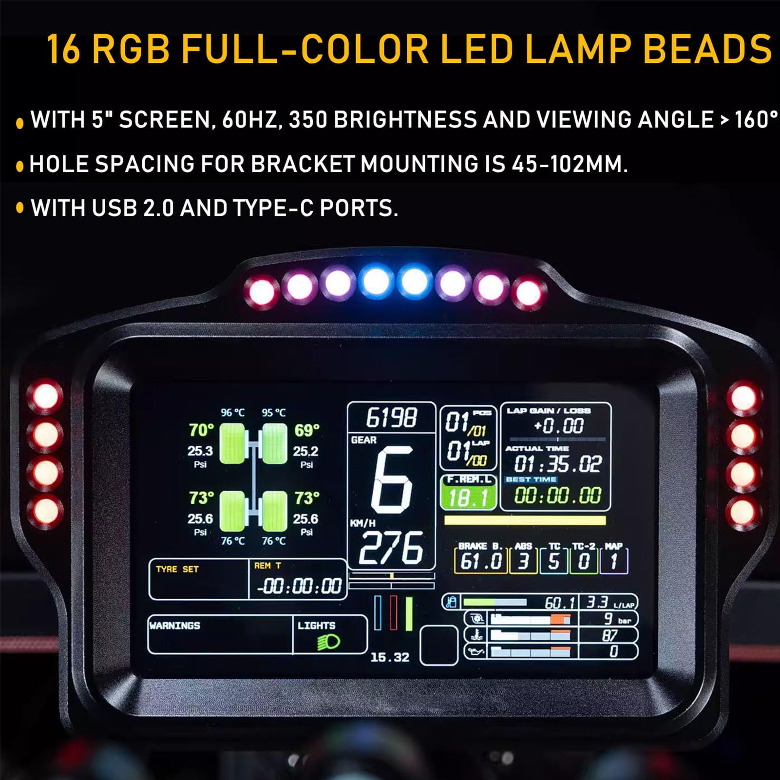 Benshuuk 5 inch Dashboard Touch Screen Gear Shifter for MOZA R3/R6/R9/R12, PC Multi-functional Instrument Speed Display for Logitech G29/G920/G923/RS50 Base Steering Wheel