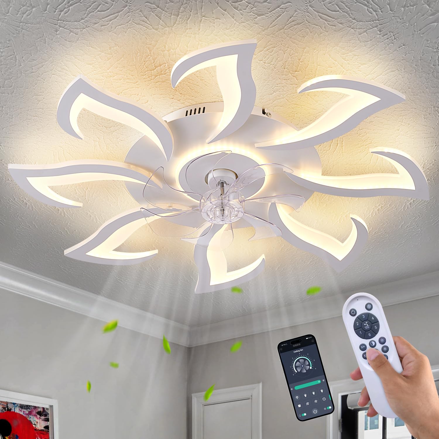 LiuShine Modern Ceiling Fan with Light and Remote Control, Dimmable Bedroom Fan, 6-Speed Settings, Suitable for Bedrooms, Living Rooms, and Kitchens - White