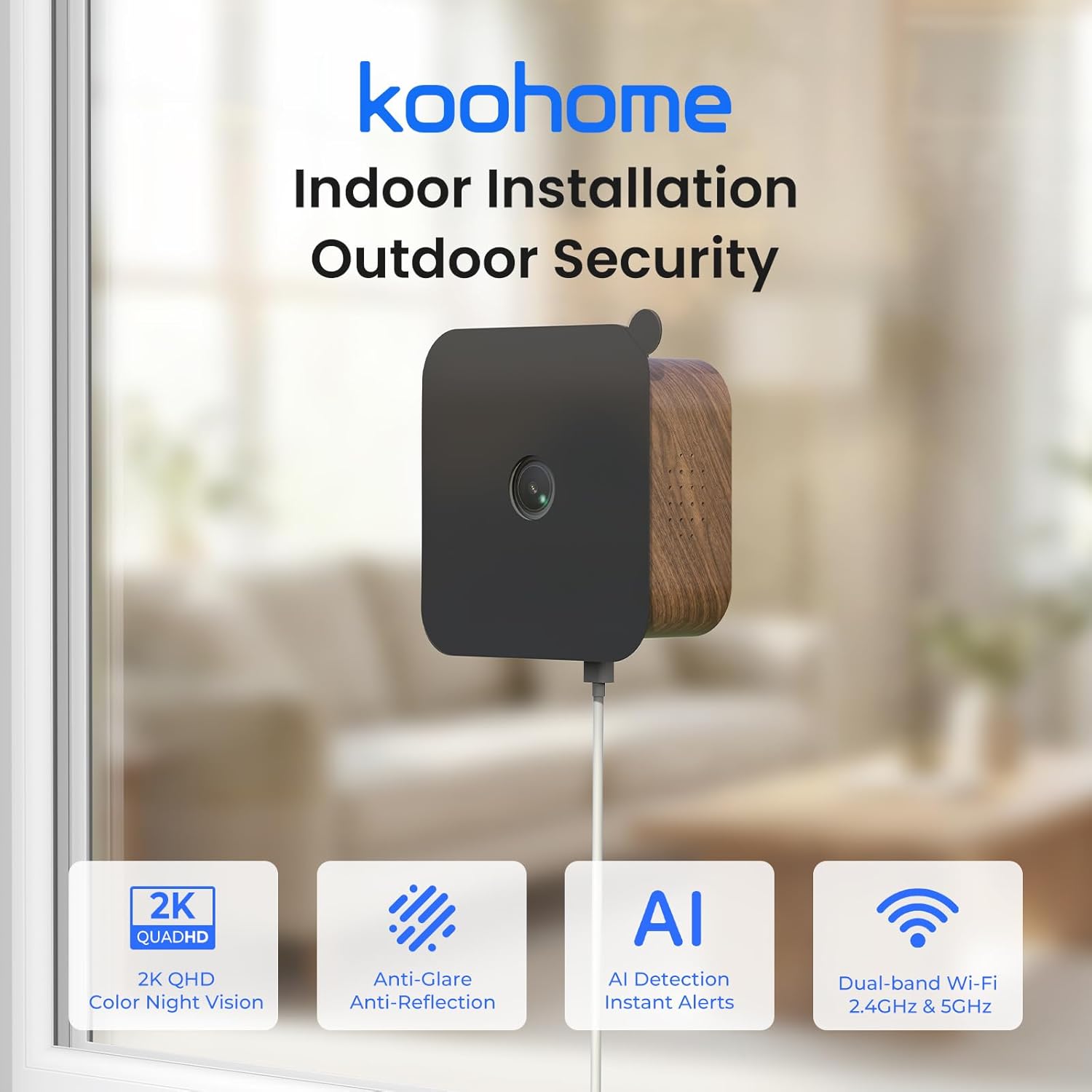 2K Window Camera for Indoor & Outdoor Home Security,Color Night Vision,Anti-Glare,24/7 Recording,Free 3-Day Cloud Storage,Dual-Band WiFi,AI Human Detection,Magnetic Mount,Walnut Wood Design - Image 2