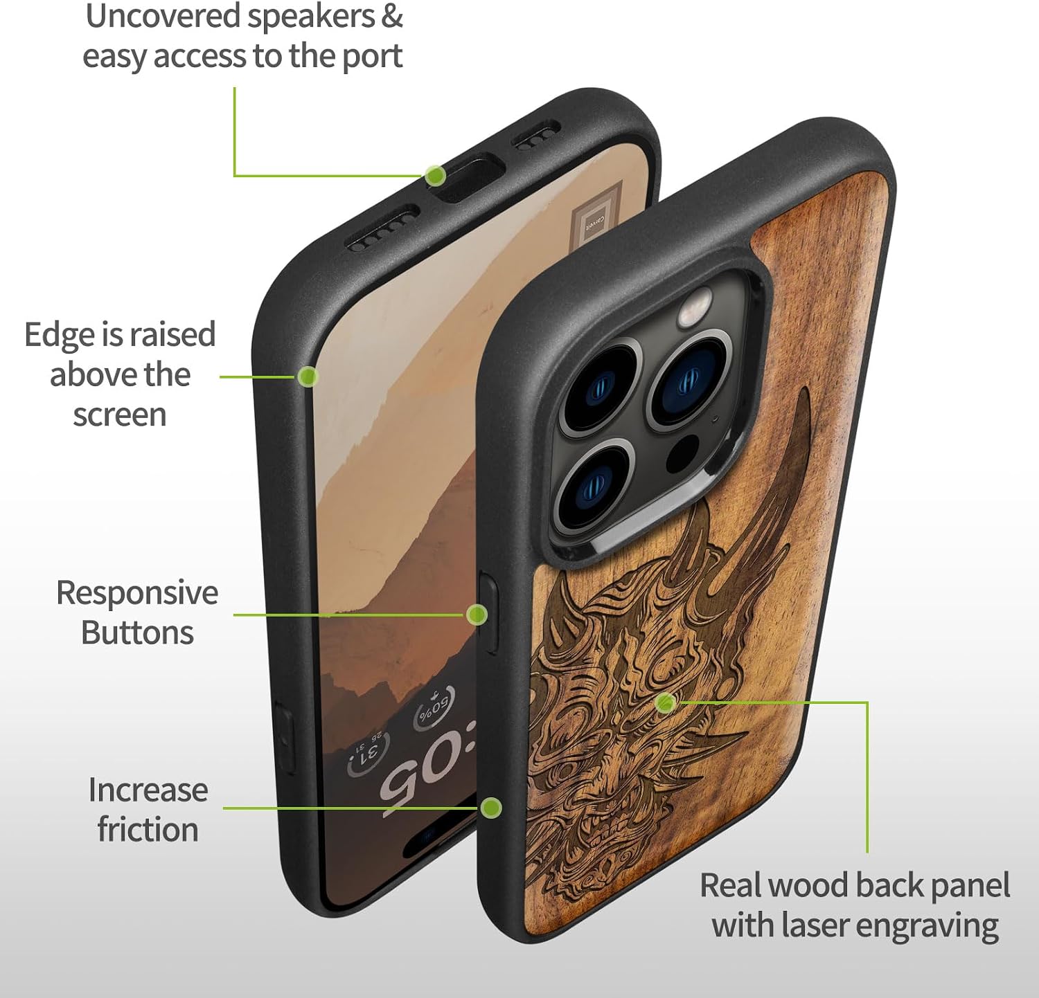 Carveit Magnetic Wooden Case for iPhone 15 Pro Case, Compatible with MagSafe Wireless Chargers, Black Soft TPU Shockproof Cover & Wood Artisan Engraved (Japanese Oni Mask) - Walnut