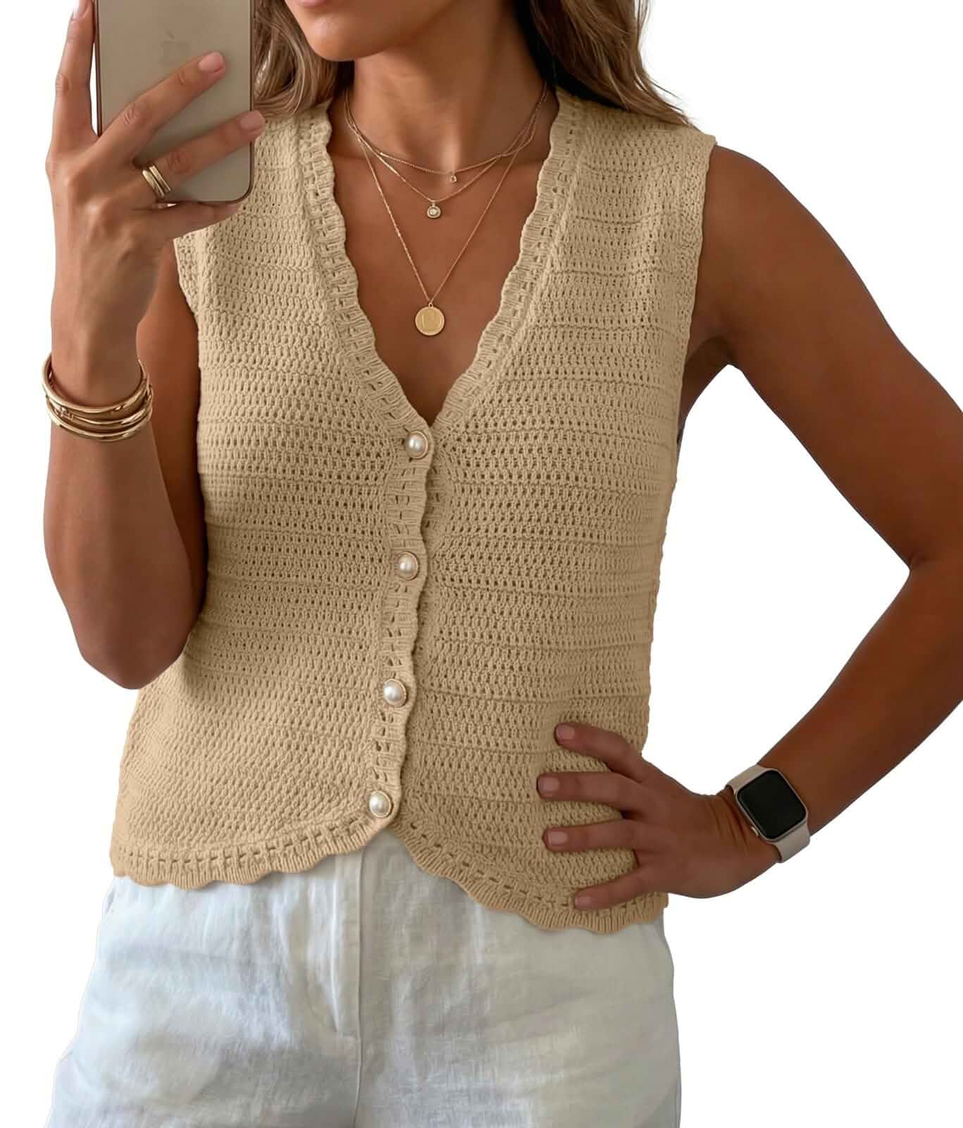 GRECERELLE Women's Summer Sleeveless V Neck Sweater Vest Knit Tank Top Button Front Closure, Crochet Knit Design, Casual Style, Cropped Fit, Versatile Layering, for Office, Travel