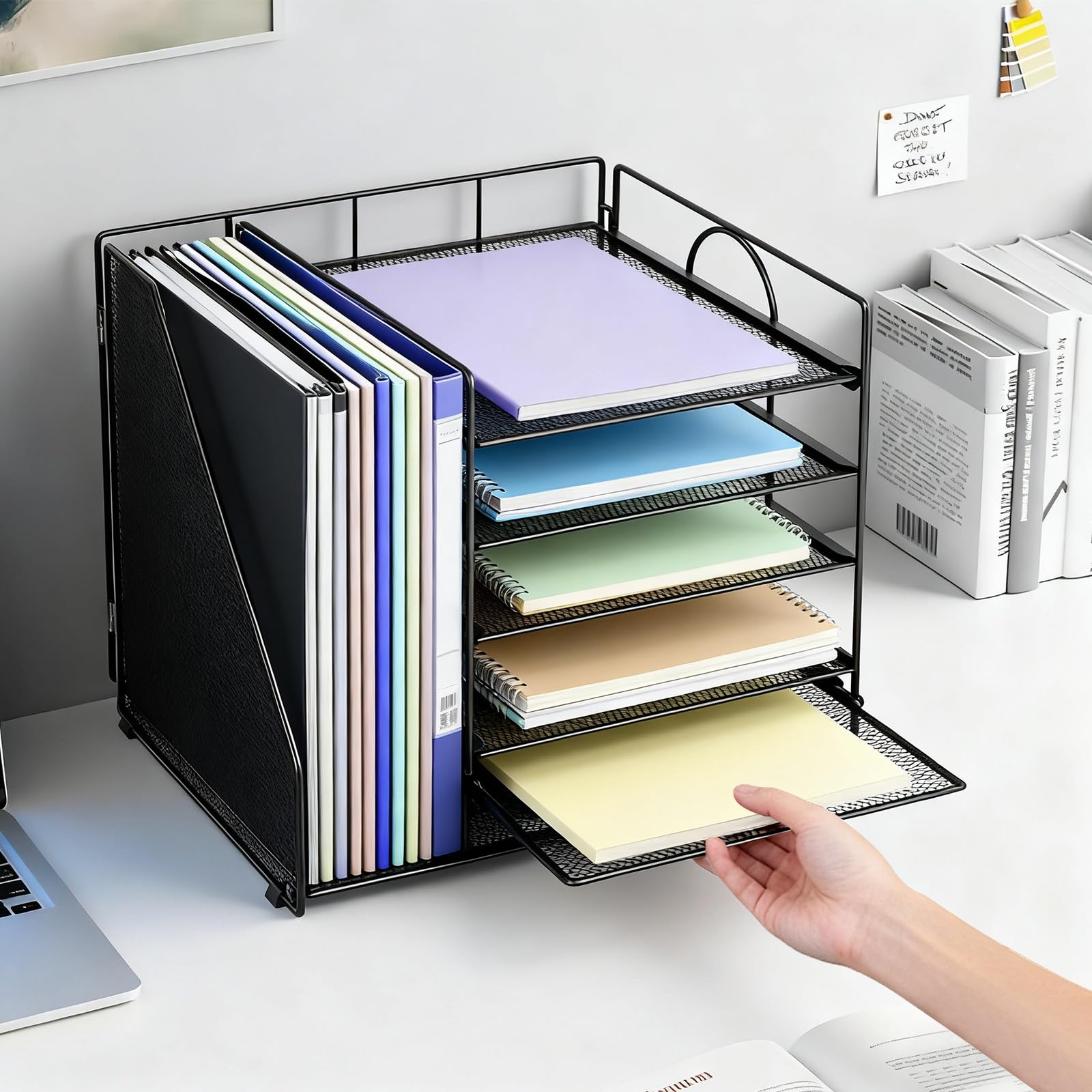 Esyhomi Desk Organiser with File Holder, 5-Tier Paper Tray Organiser, Mesh Desktop Storage with Magazine Holder for Books, Documents, A4 Files, Letter Magazine Tray for Home Office Supplies - Image 2