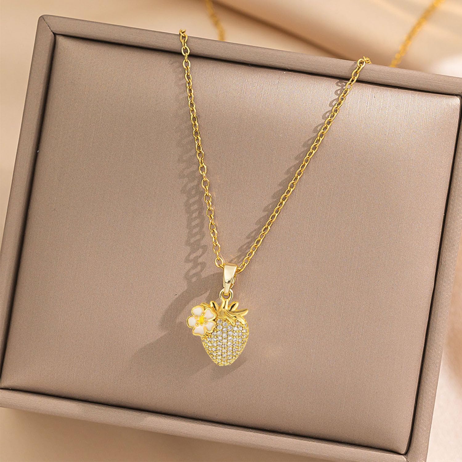 Sweet Strawberry Necklace for Women Gold Strawberry Pendant Necklace Rhinestone Bow and Fruit Necklace for Women Sparkling Jewelry - Image 5