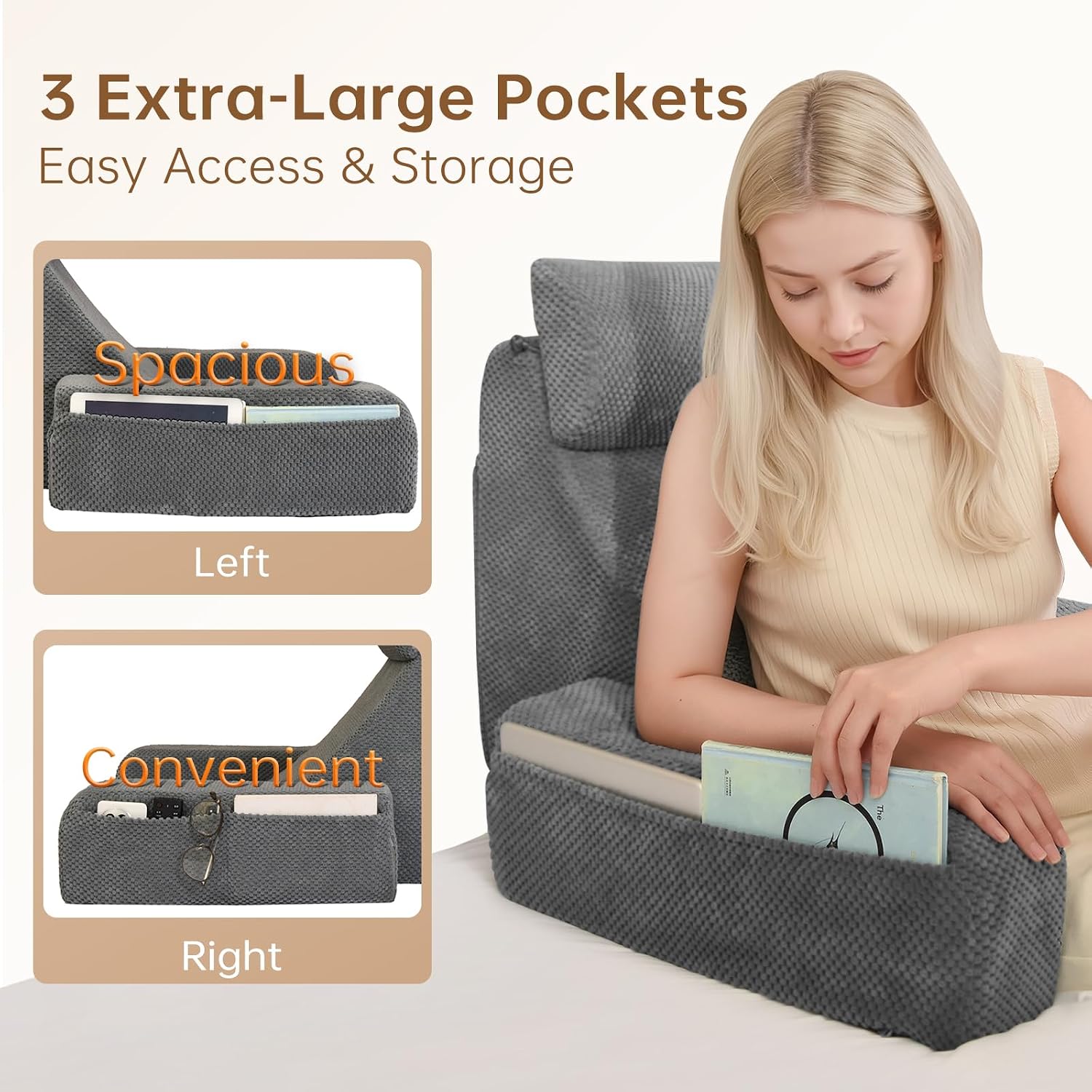 Vekkia 19'' Reading Pillow for Adults with XL Side Pockets | 45° Back Support Chair, Washable Cover, Adjustable Arms, Perfect for Gaming, Watching TV, Relaxing, or Recovery, Gift Idea
