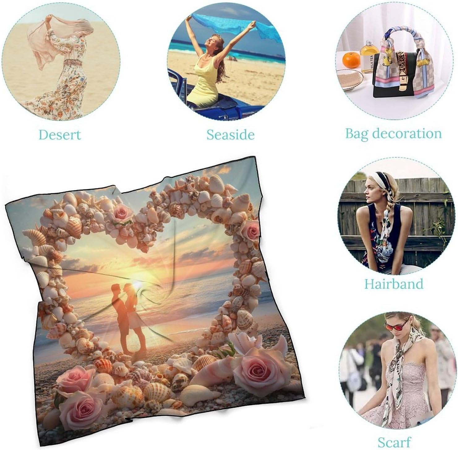 Couple Love Beach Bandana Fashion Head Scarf Square Silk Scarf Print Neck Hair Scarfs for Women Men Gifts