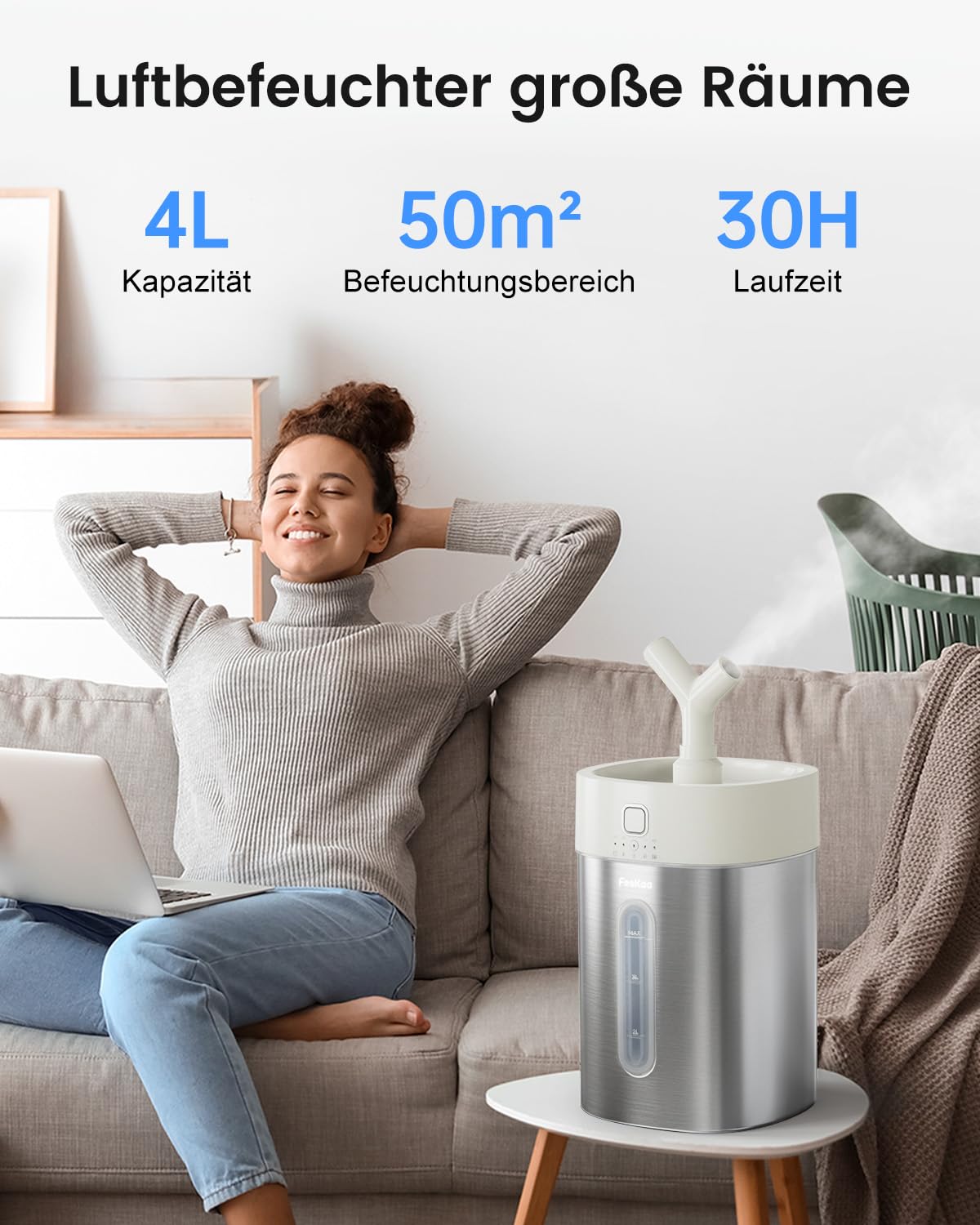Luftbefeuchter Große Räume 4L Edelstahl, Ultraschall Kaltnebler, Weiß | Bis 50 m² Große Räume, Spülmaschinengeeignet, Leiser Betrieb, für Schlafzimmer, Babyzimmer, Büro, Wohnzimmer & Zimmerpflanzen