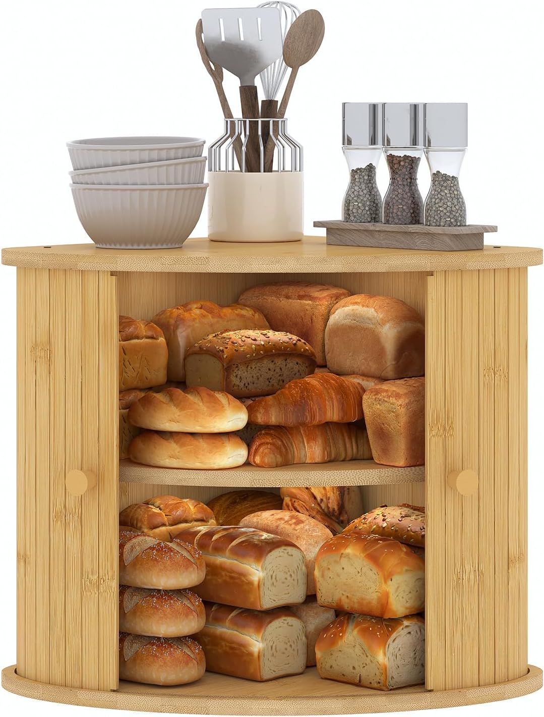 Corner Bread Box for Kitchen Countertop, Double Layer Bamboo Bread Storage Bin,Dual-Side Sliding Roll-top Large Capacity for Kitchen,Dining Room,Under Cabinet Organizer