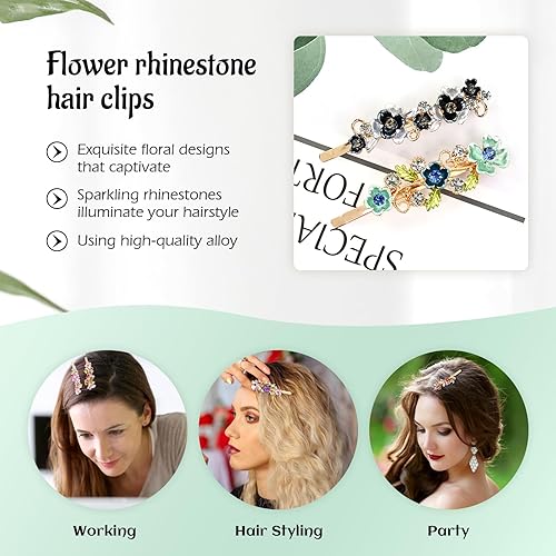 Miniatura 2 de Lawie Paquete de 12 piezas de joyería para el cabello con diamantes de imitación de mariposa y flores, horquillas laterales de metal, pasadores de