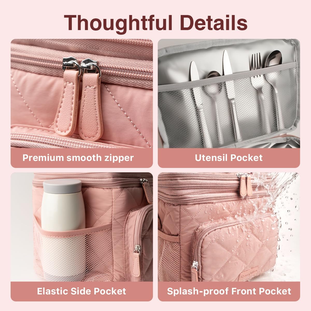 Lunch Bag Women Double Layer Lunch Bag Puffer Insulated Lunch Box Waterproof Bottom Large Lunch Box for Women for Work or Travel,Pink