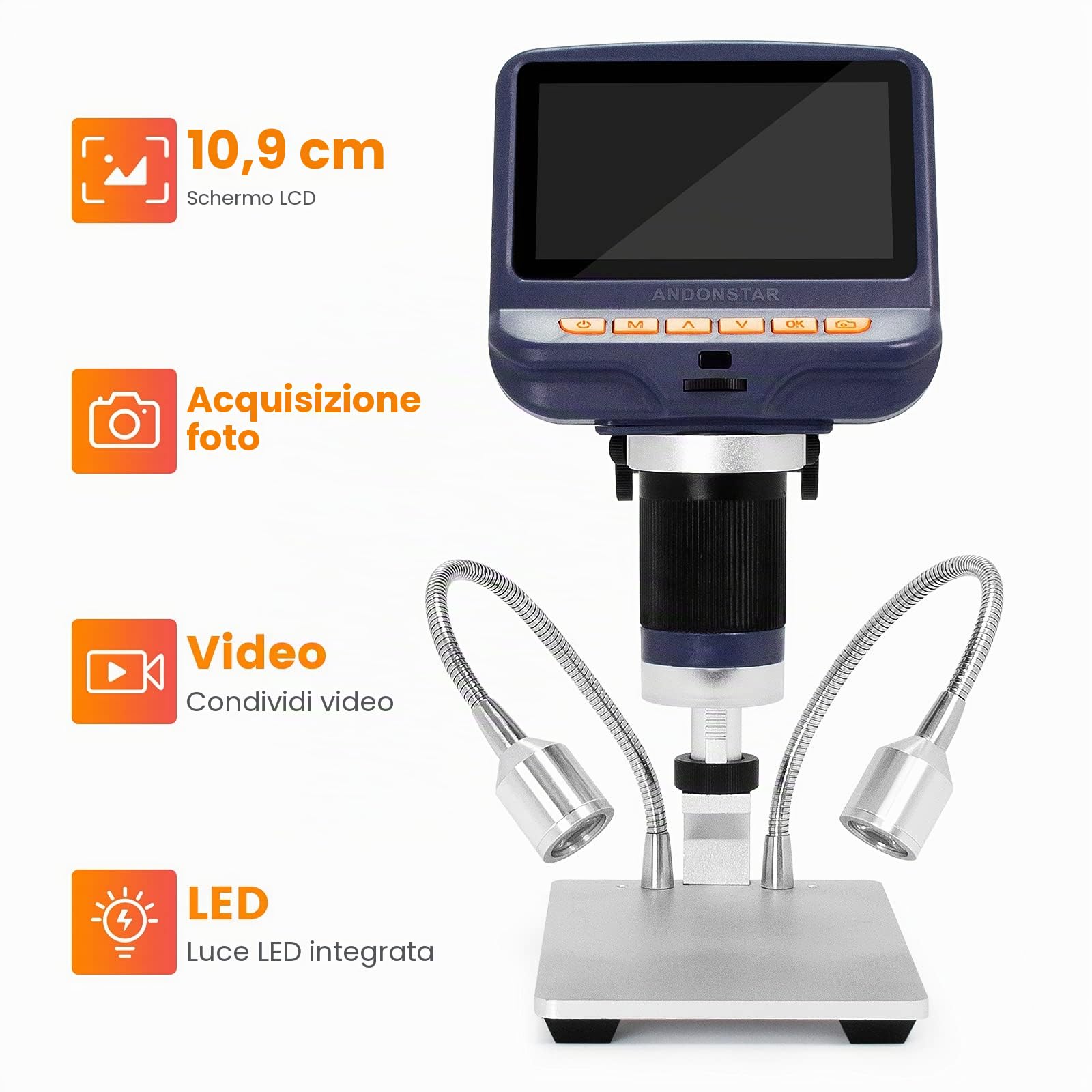 Andonstar AD106S Microscopio digitale USB, microscopio con schermo da 10,9 cm per saldare/PCB/orologio/telefono, strumenti di riparazione, con supporto e telecomando IR