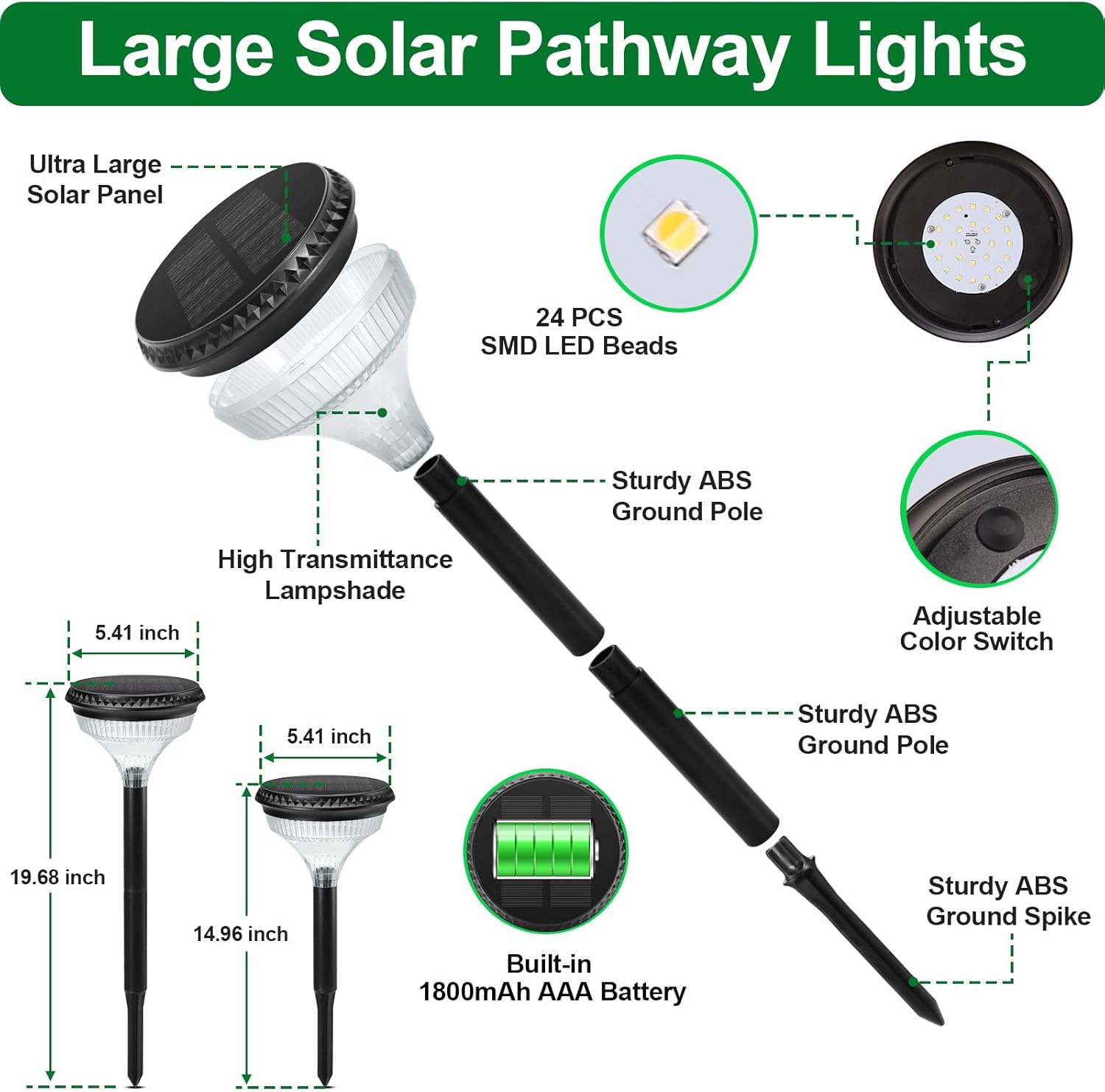 Large Solar Pathway Lights Outdoor 4 Pack IP65 Waterproof 150 Lumens Super Bright Solar Lights 3 Color Temperatures Auto On/Off Light Sensor for Yard Garden Landscape Path Walkway (5.42" Dia x 19.7"H) - Image 2