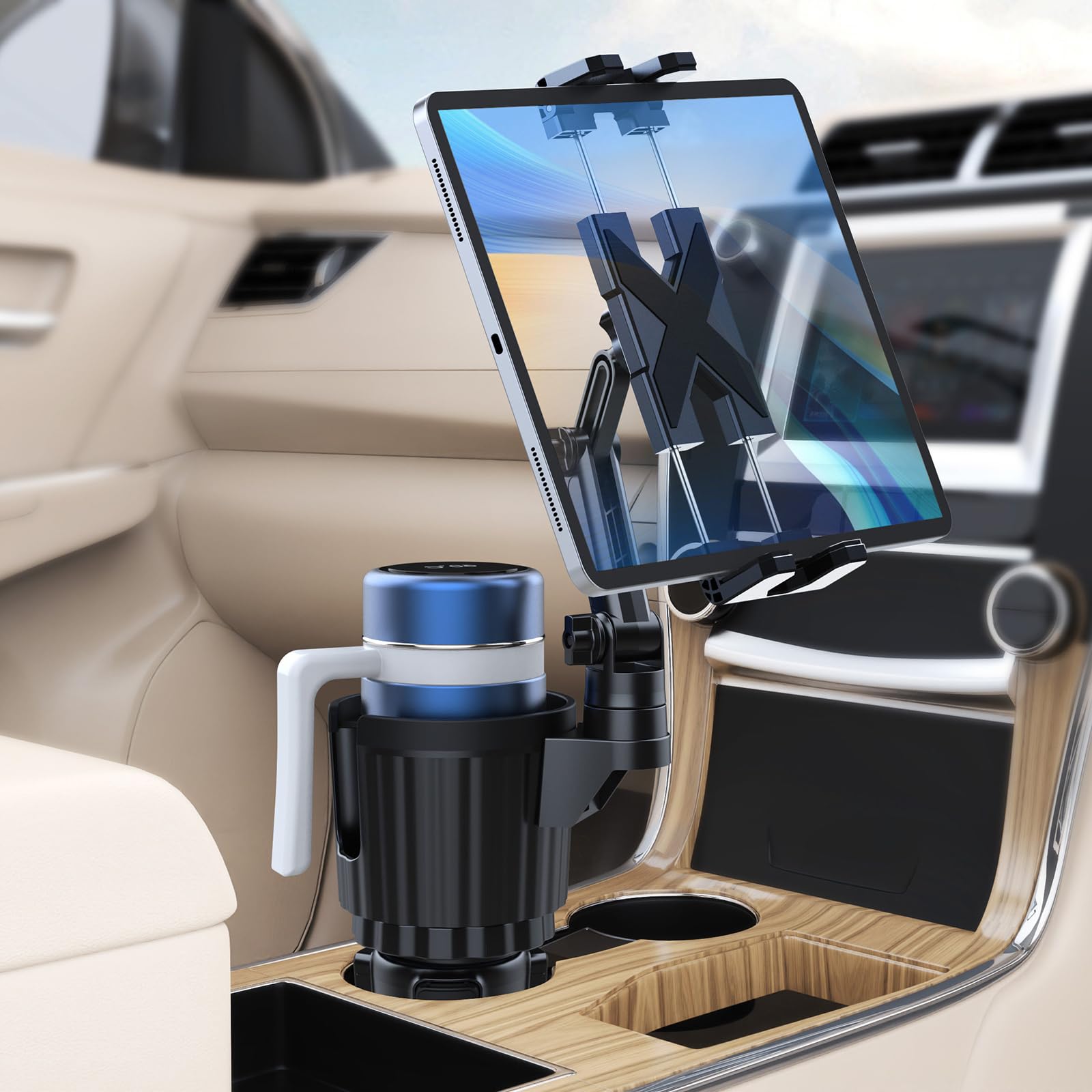 Soporte universal para portavasos de coche para teléfonos y dispositivos de 4.7 a 12.9 pulgadas, tamaño de pantalla con brazo móvil y soporte de teléfono de coche para taza