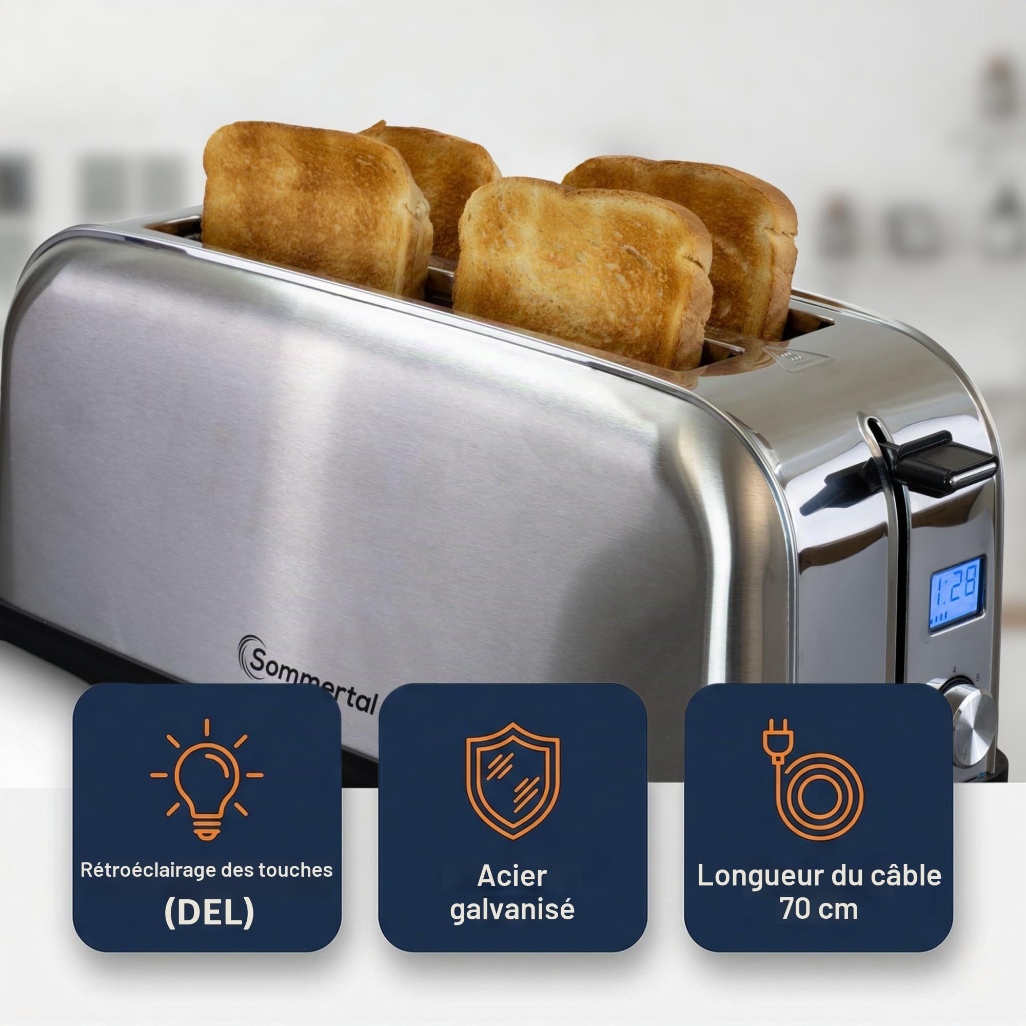 Sommertal ST1500 Grille-pain 4 fentes longues | XXL | Grille-pain en acier inoxydable avec grille réchauffe-viennoiseries | Écran numérique avec minuterie et indicateur de marche résiduelle | Rétro |
