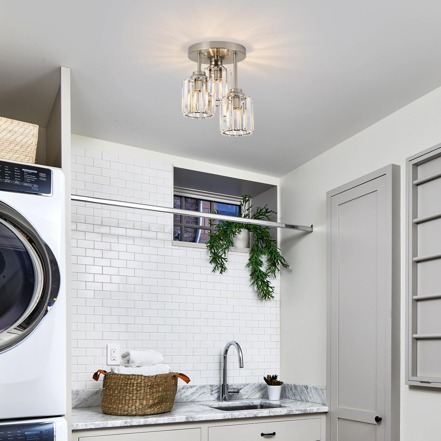 Brushed Nickel Semi Flush Mount Ceiling Light, 3-Light Modern Crystal Chandelier with Clear K9 Crystal Shades, Kitchen Light for Hallway Kitchen Bathroom Entryway