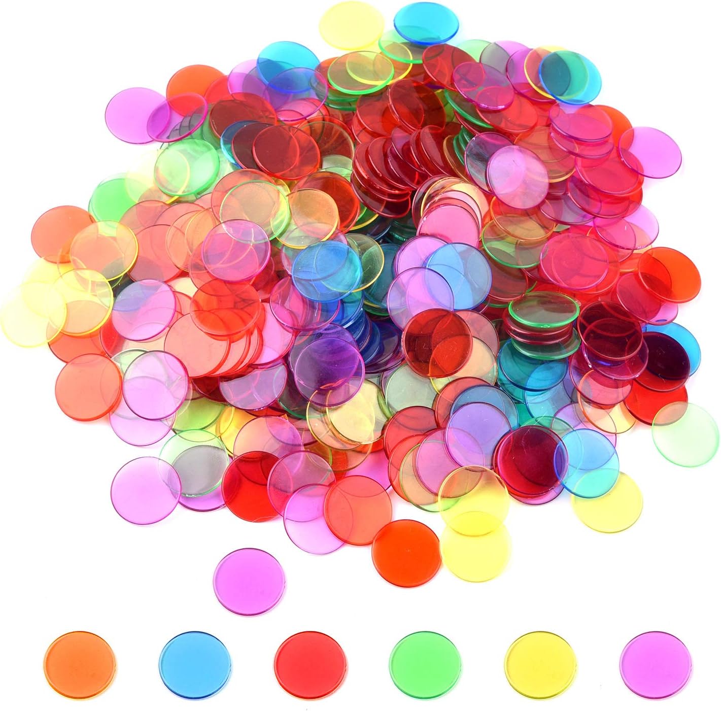 Coopay 300 Pieces Counters Counting Chips Plastic Markers Mixed Transparent Colors for Bingo Chips Game Tokens, Contain White, Blue, Green, Yellow, Red, Purple Colors