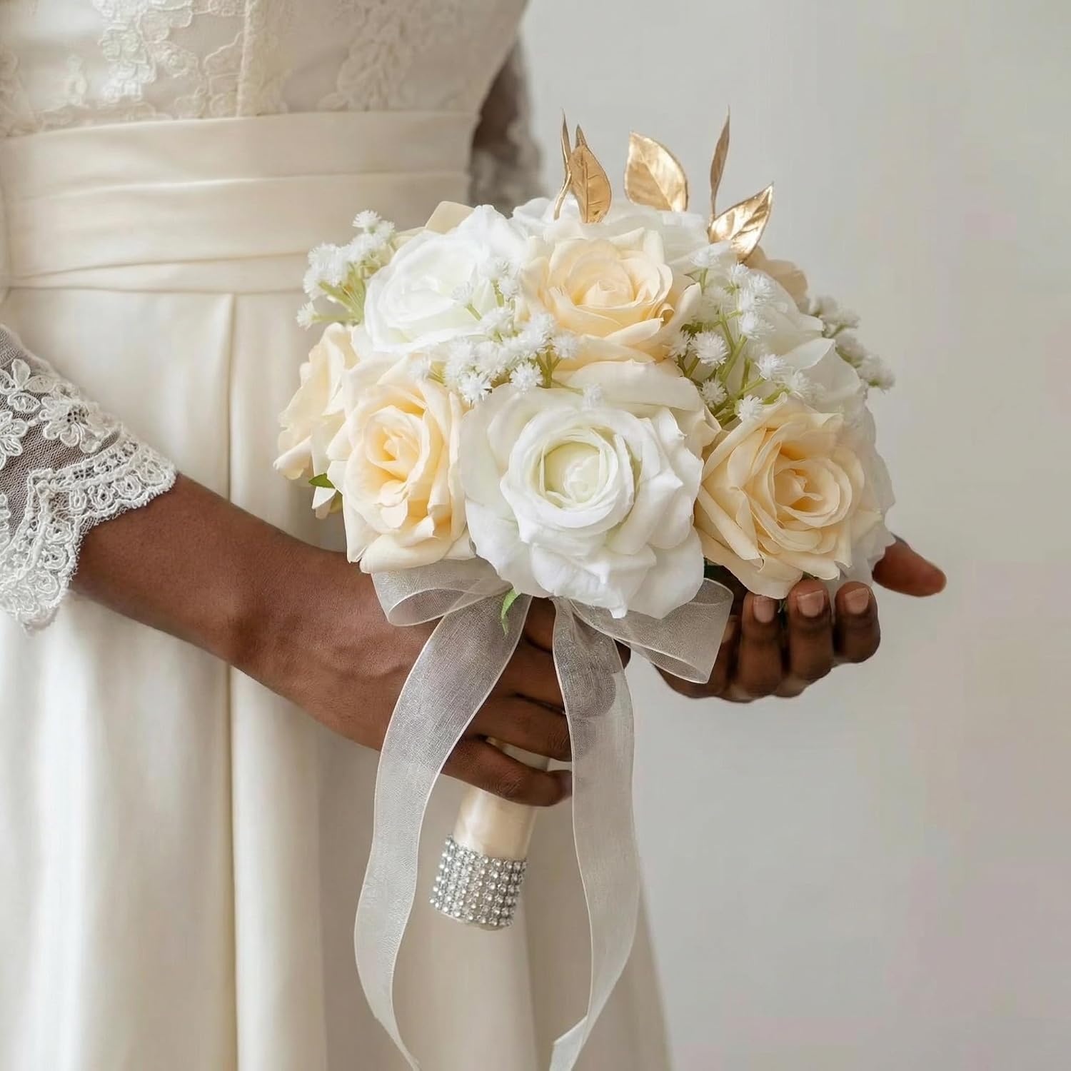 TmoGllp8.6 Inch Wedding Bouquets for Bride, Realistic Silk Bridal Bouquets, White and Champagne Artificial Wedding Flowers, for Bride Bridesmaid Wedding Ceremony Decoration (White and Champagne)