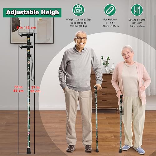 Miniatura 3 de MFE Bastón plegable, portátil de 5 niveles de altura ajustable con diseño plegable, correa de muñeca y mango en T para hombres y mujeres